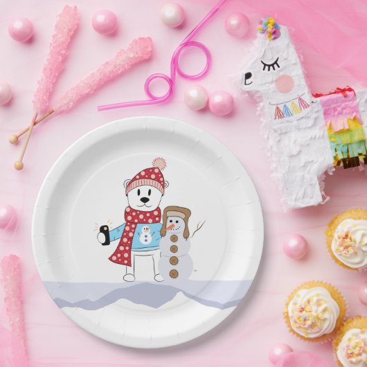 ポーラベアと雪だるまホワイトホリデー紙プレート ペーパープレート (パーティー)