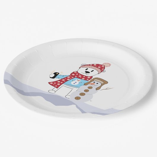 ポーラベアと雪だるまホワイトホリデー紙プレート ペーパープレート (アングル)