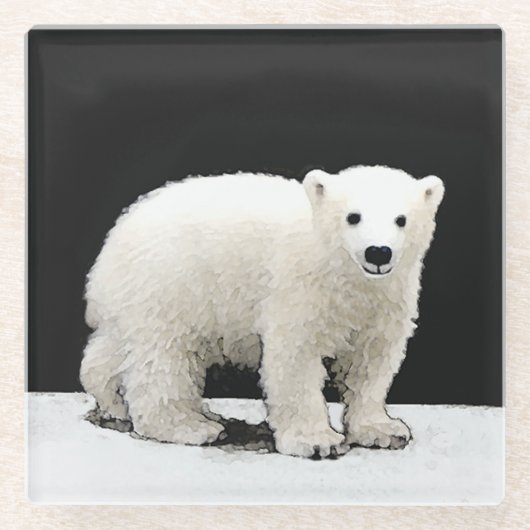 ポーラベアキュブ絵画ズ – オリジナル野生動物アート ガラスコースター (正面)
