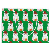 ポーラベアクリスマスサンタハット可愛いパターン緑 ラージペーパーバッグ (裏面)