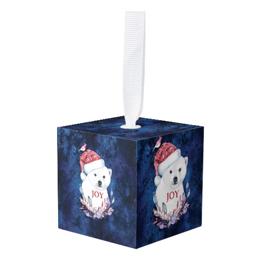 ポーラベアベビーハットバードクリスマスジョイ キューブオーナメント (正面アングル)