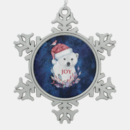 ポーラベアベビーハットバードクリスマスジョイ スノーフレークピューターオーナメント