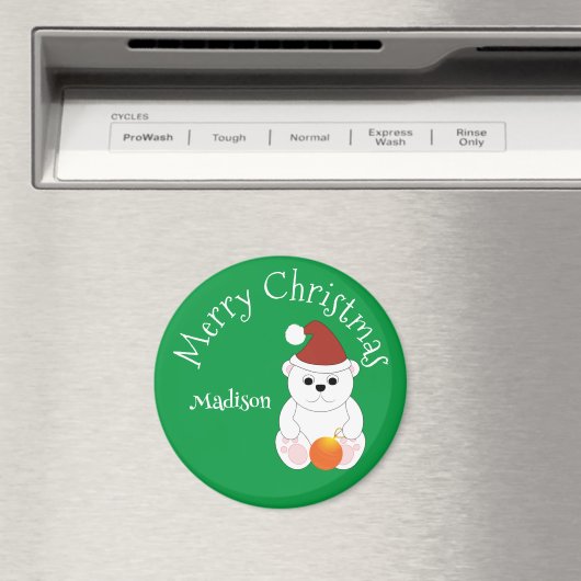 ポーラベアメリークリスマスグリーン名前をカスタムする マグネット (インサイチュ (食洗機))