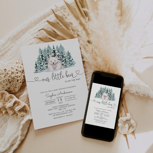 ポーラベア冬ウッドランドミニマリスト赤ちゃんシャワー 招待状