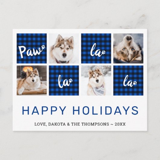 ポーラララブルーバッファロープレイドペット写真コラージュ シーズンポストカード (正面)