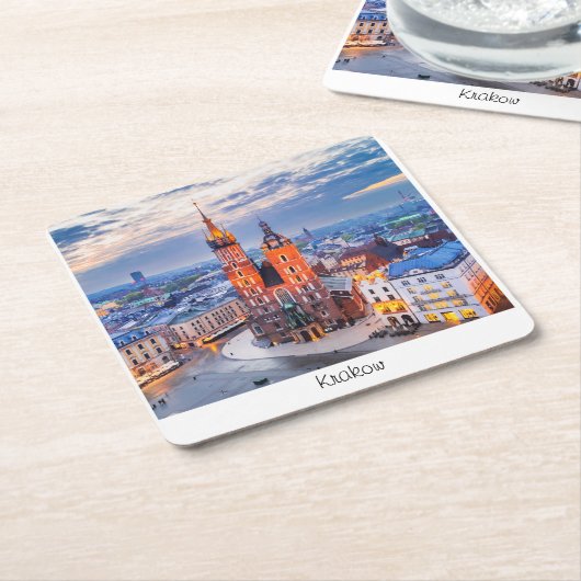 ポーランドでのクラクフの夜 スクエアペーパーコースター (アングル)