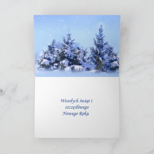 ポーランドのクリスマス – 雪の多いモミの木、ボーブル、渦巻き シーズンカード (内部)