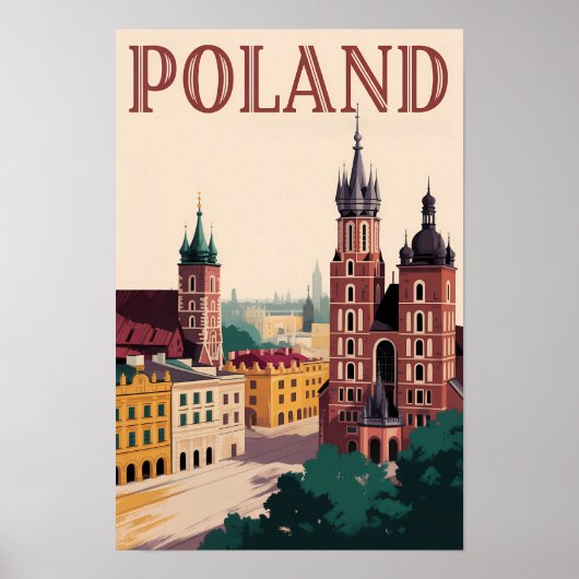 ポーランドのスカイラインイラスト旅行アートヴィンテージ ポスター (正面)