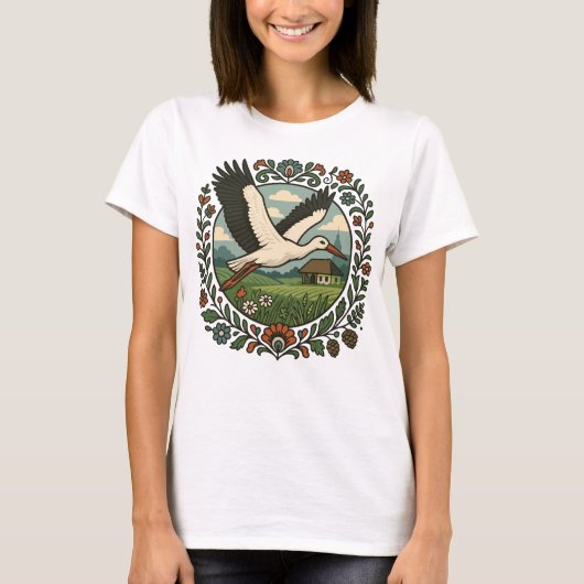 ポーランドのフォルクロア・コウノトリの郷土芸術 Tシャツ (正面)