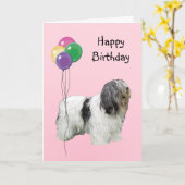 ポーランドの低地の牧羊犬、誕生日の気球 カード (黄色い花)