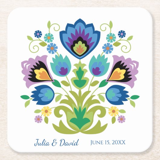 ポーランドの民俗花の青いラベンダー紙コースター スクエアペーパーコースター (正面)