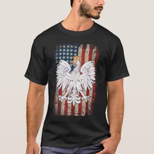 ポーランドイーグルアメリカ国旗のプライドポーランド Tシャツ (正面)