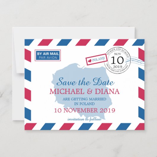 ポーランドエアメール | セーブザデート マグネット招待状 (正面)