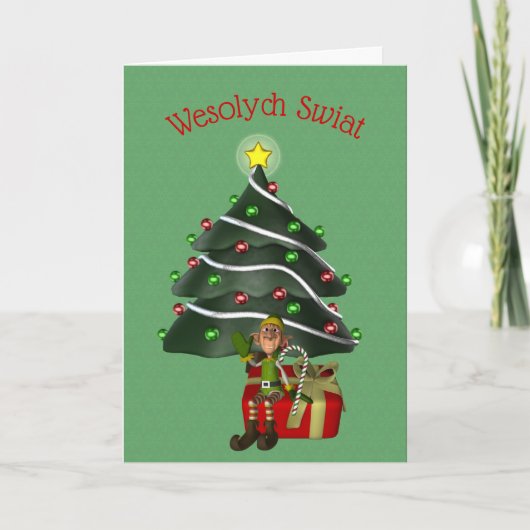 ポーランドクリスマスグリーティングキュート男性小妖精や小人ツリー シーズンカード (正面)