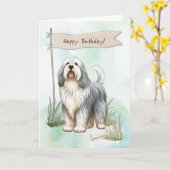 ポーランドシープドッグ犬の下の誕生日標識 カード (黄色い花)