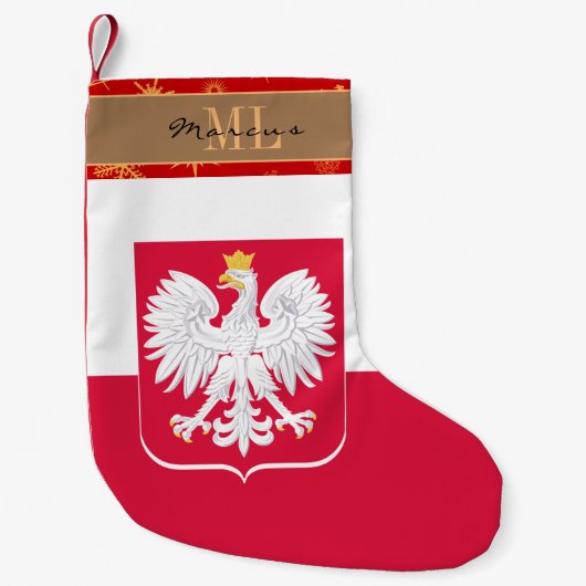 ポーランドストッキング、ポーランド国旗、モノグラム、スノーフレーク スモールクリスマスストッキング (正面)