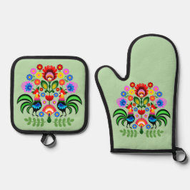 ポーランドフォークアート – フローラ刺繍パターン 鍋つかみ&鍋敷きセット