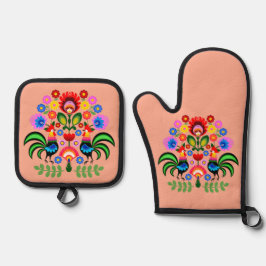 ポーランドフォークアート – フローラ刺繍パターン 鍋つかみ&鍋敷きセット