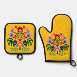 ポーランドフォークアート – フローラ刺繍パターン 鍋つかみ&鍋敷きセット