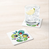 ポーランドフォークフラワーグリーン スクエアペーパーコースター (インサイチュ)