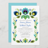 ポーランドフォークフラワーズティール(緑がかった色)結婚式招待状 招待状 (正面/裏面)