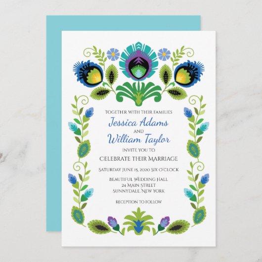 ポーランドフォークフラワーズティール（緑がかった色）結婚式招待状 招待状 (正面/裏面)