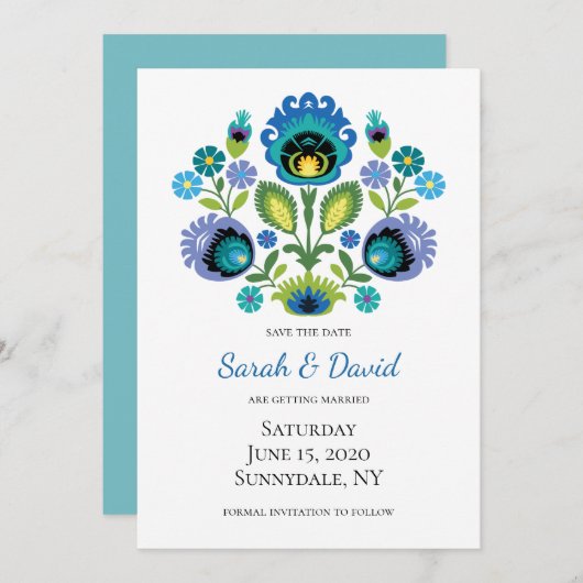 ポーランドフォークフラワーズブルーティール(緑がかった色)保存日 招待状 (正面/裏面)