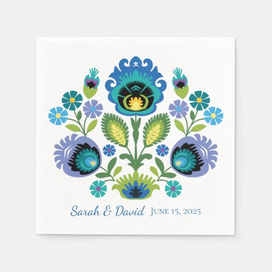 ポーランドフォークフラワーズブルーティール（緑がかった色）結婚ズナプキン スタンダードカクテルナプキン (正面)