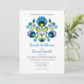 ポーランドフォークフラワーズブルーティール（緑がかった色）結婚式招待状 招待状 (スタンド正面)
