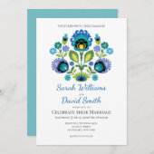 ポーランドフォークフラワーズブルーティール（緑がかった色）結婚式招待状 招待状 (正面/裏面)