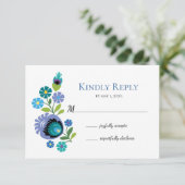ポーランドフォークフラワーズブルーティール(緑がかった色)結婚式RSVPカード 出欠カード (スタンド正面)