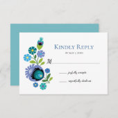 ポーランドフォークフラワーズブルーティール(緑がかった色)結婚式RSVPカード 出欠カード (正面/裏面)