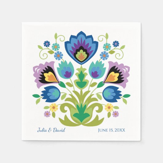 ポーランドフォークフラワーズブルーラベンダー スタンダードカクテルナプキン (正面)
