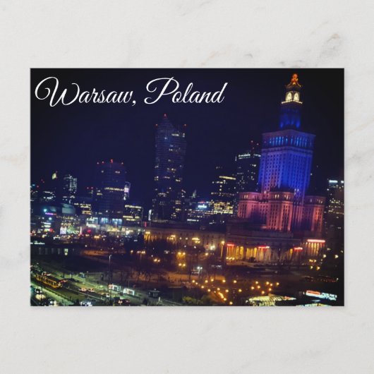 ポーランドワルシャワ市夜間写真 ポストカード (正面)