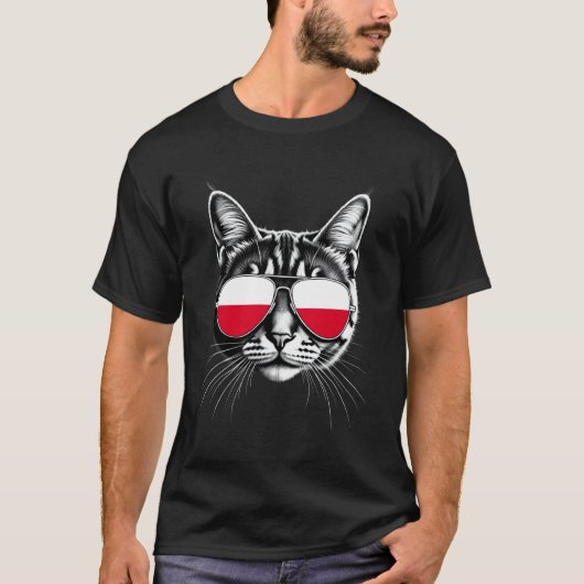 ポーランド旗 ネコ顔 サングラス ポーランド 国旗 Tシャツ (正面)