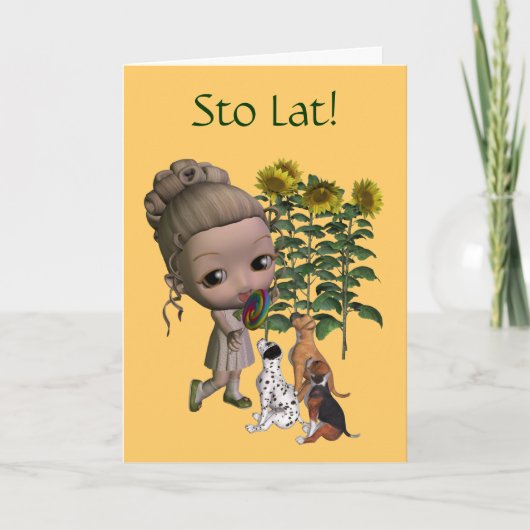 ポーランド誕生日カードストラットガールアンドパピーズ カード (正面)