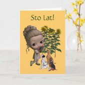 ポーランド誕生日カードストラットガールアンドパピーズ カード (黄色い花)