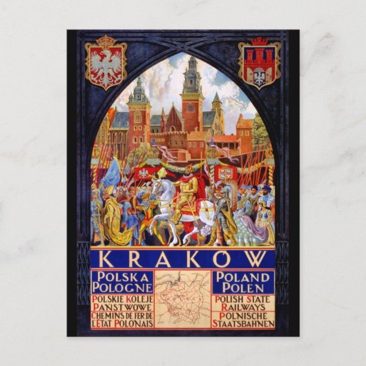 ポーランド・クラクフ・ヴィンテージ旅行ポスター復元 ポストカード (正面)