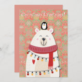 ポーラーベアとペンギンレトロスタイルクリスマスカード シーズンカード (正面/裏面)