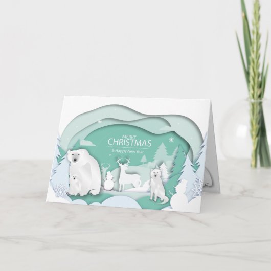 ポーラーベアとホワイトウルフの楽しいクリスマス冬の風景 シーズンカード (正面)