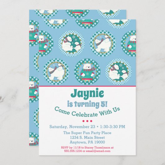 ポーラーベアの誕生日招待状 冬のパーティー 青 招待状 (正面/裏面)
