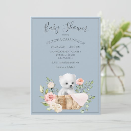 ポーラーベアウォーター色ブルーベビーシャワー招待状 招待状 (スタンド正面)