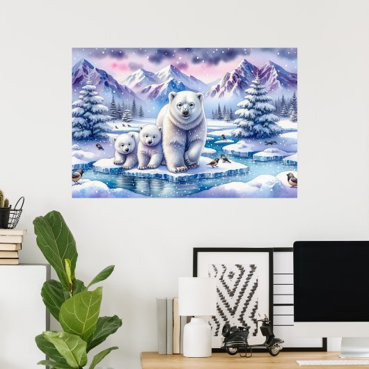 ポーラーベアファミリーの雪景色の絵画 ポスター (ホームオフィス)