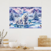 ポーラーベアファミリーの雪景色の絵画 ポスター (キッチン)