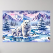 ポーラーベアファミリーの雪景色の絵画 ポスター (正面)