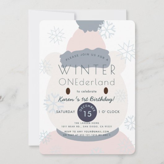 ポーラーベアーウィンターオネダーランドガール1st誕生日 招待状 (正面)