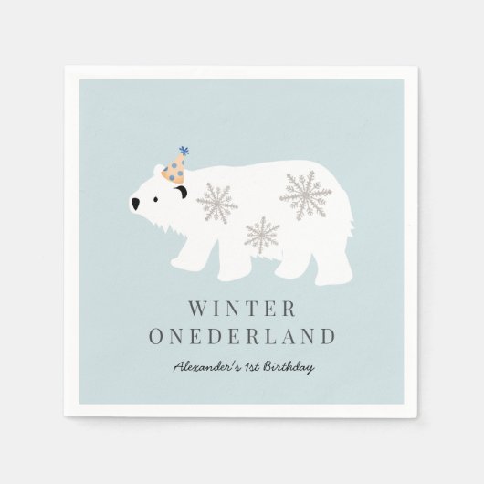 ポーラーベアーウィンターオネダーランドブルー1st誕生日 スタンダードカクテルナプキン (正面)