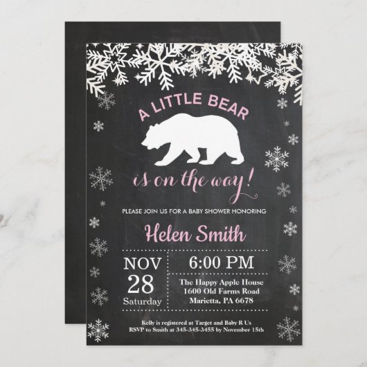 ポーラーベアーウィンターガールベビーシャワーシャルボード 招待状 (正面/裏面)