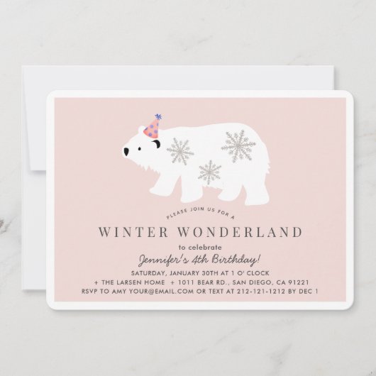 ポーラーベアーウィンターワンダーランドピンク誕生日 招待状 (正面)