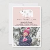 ポーラーベアーウィンターワンダーランドフォトピンク誕生日 招待状 (正面)